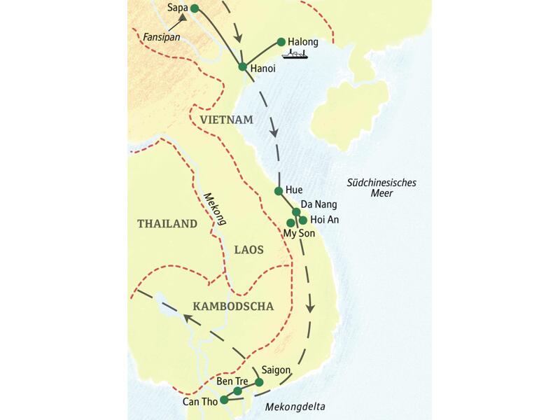 Wichtigste Stationen dieser 16-tägigen Studienreise durch Vietnam: Hanoi, Halongbucht, das Bergland um Sapa, Hue, Hoi An, Saigon und das Mekongdelta.