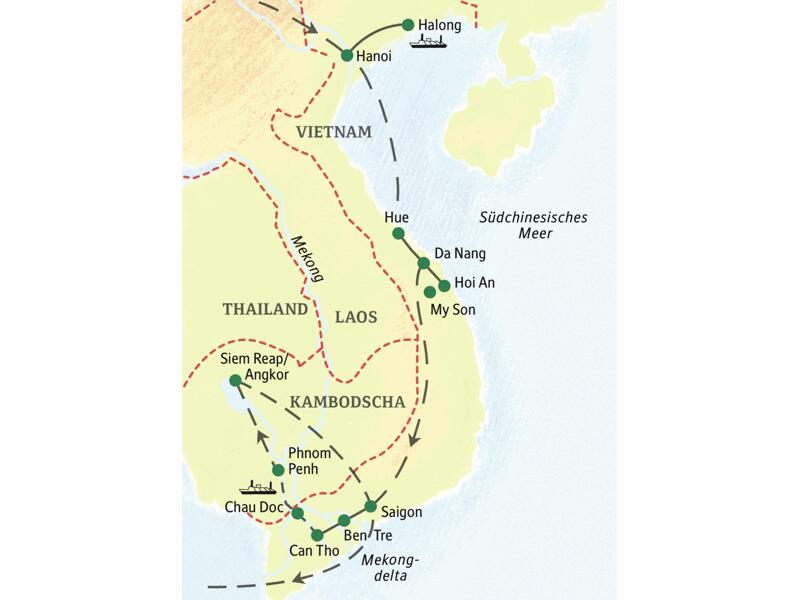 Die wichtigsten Stationen dieser 18-tägigen Studienreise durch Vietnam und Kambodscha sind Hanoi, Halongbucht, Hue, Hoi An, Saigon, Mekongdelta, Phnom Penh und Angkor Wat.