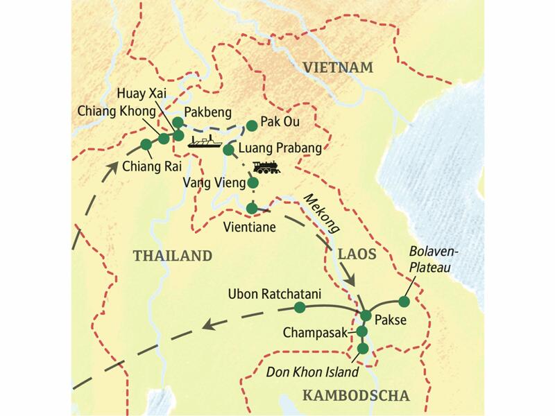 Laos auf einer Studienreise von Nord nach Süd erleben: Gehen Sie an Bord unseres Mekongschiffes nach Luang Prabang und genießen Sie in Südlaos Ihre Lodge am Mekong!