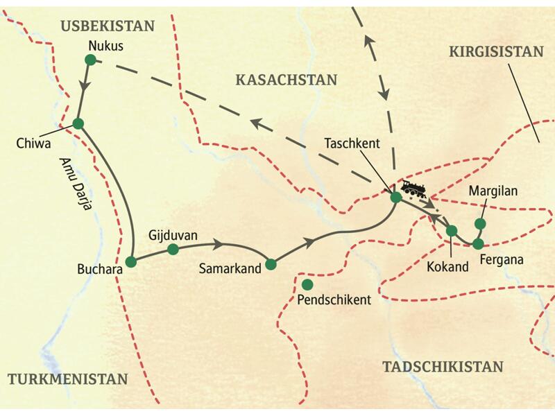 Die Karte zeigt den Verlauf unserer umfassenden Studienreise durch Usbekistan: Taschkent, Ferganatal, Samarkand, Gijduvan, Buchara, Chiwa und Nukus.