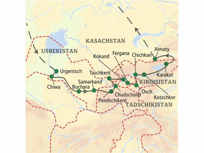 Die Karte zeigt den Verlauf unserer 19-tägigen Klassik-Studienreise durch Zentralasien: Urgentsch, Chiwa, Buchara, Samarkand, Pendschikent, Chudschand, Taschkent, Kokand, Fergana, Osch, Chichkan, Kotschkor, Almaty, Bischkek.