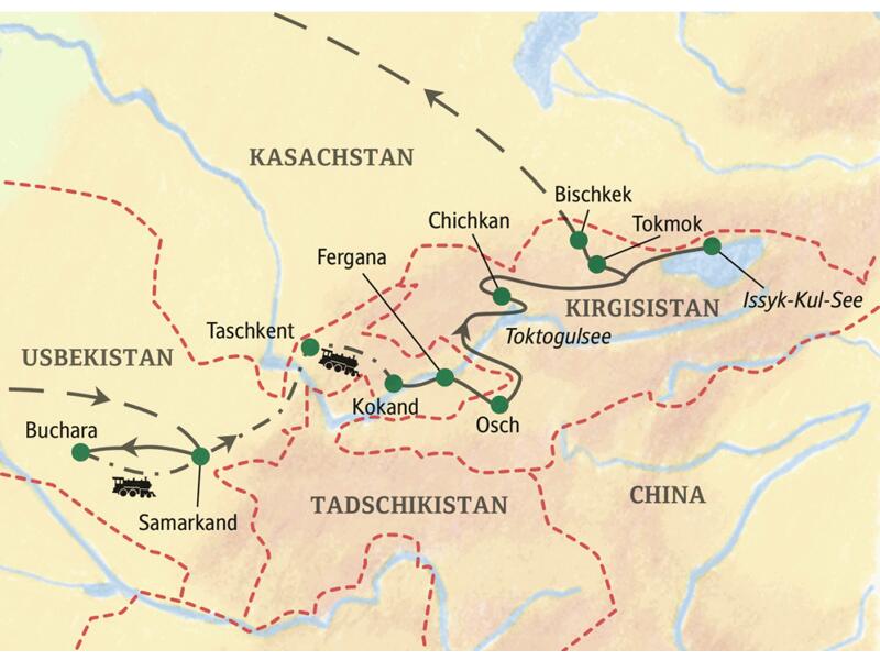 Unsere15-tägige Studienreise startet in Samarkand, führt über Taschkent, Osch und Tokmok bis nach Bischkek. Sie erleben die Seidenstraße im Wandel der Zeit.