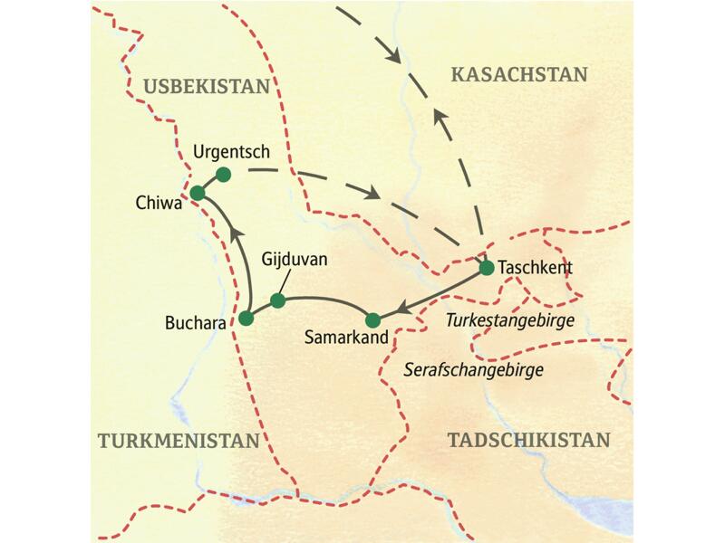 Verlauf der elftägigen Studienreise Usbekistan - Höhepunkte: Taschkent, Samarkand, Buchara, Chiwa, Taschkent.