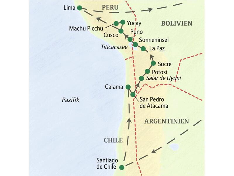 Unsere Reiseroute durch drei südamerikanische Länder startet in Santiago de Chile und führt über San Pedro, den Salzsee Salar de Uyuni, Potosí, Sucre, La Paz, den Titicacasee, Puno, Cusco und das Heilige Tal bis in die peruanische Hautpstadt Lima.