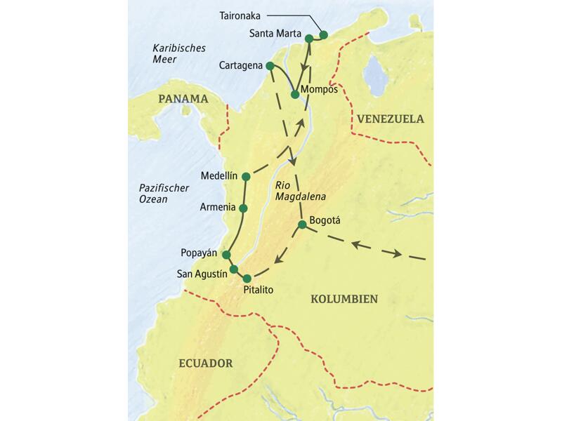 Die Route unserer Studienreise durch Kolumbien beginnt in Bogotá, führt über Pitalito, San Augustín, Popayán, Armenia, Medellín, Santa Maria, Mompós nach Cartagena.