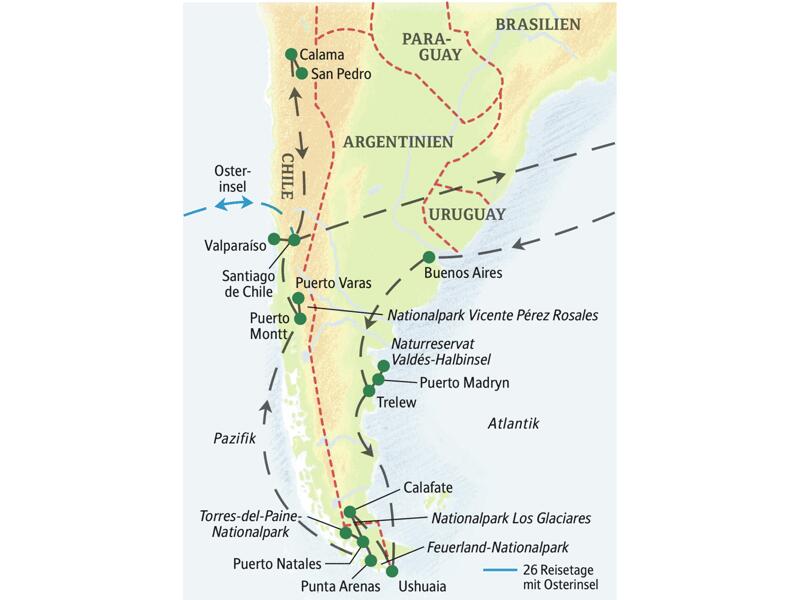 Die Route unserer Naturerlebnis-Studienreise durch Argentinien und Chile startet in Buenos Aires und führt über Puerto Madryn, Ushuaia, Calafate, Puerto Natales, Punta Arenas, Puerto Varas und San Pedro de Atacama bis nach Santiago de Chile und - wenn Sie die Verlängerung buchen - als zusätzlichen Höhepunkt auf die Osterinsel!