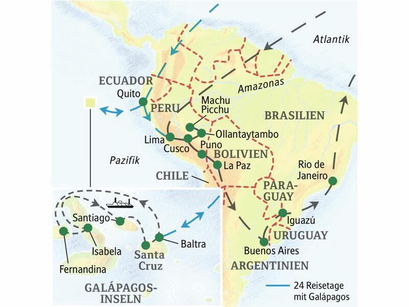 Unsere Reiseroute auf dieser Studienreise durch Südamerika startet in Lima, führt über  Ollantaytambo, Cusco, Puno, Buenos Aires und Iguazú bis nach Rio de Janeiro. Und wer mag, besucht zuvor die Galápagos-Inseln.