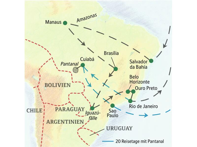 Die Reiseroute unserer Brasilien-Studienreise durch das Wunderland am Zuckerhut startet in Salvador da Bahía und führt über Manaus und den Amazonas, Brasília, die Iguazú-Fälle, Belo Horizonte und Ouro Preto bis nach Rio de Janeiro. Und wer möchte, verlängert im Pantanal.