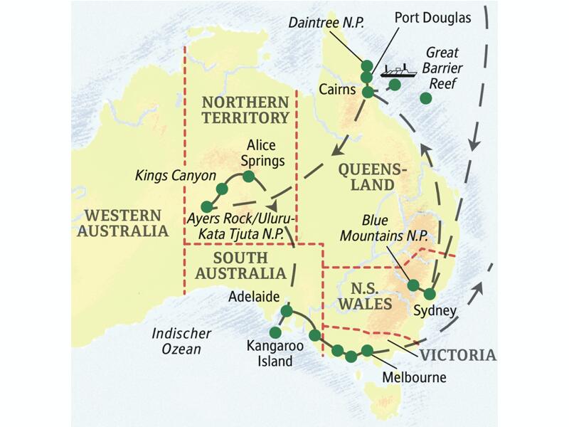 Die Karte zeigt den Verlauf der Australien-Naturerlebnisreise mit Fokus auf die Natur des Landes: Sydney, Blue Mountains, Cairns, Great Barrier Reef, Daintree-Nationalpark, Ayers Rock, Kings Canyon, Alice Springs, Adelaide, Kangaroo Island, Melbourne.
