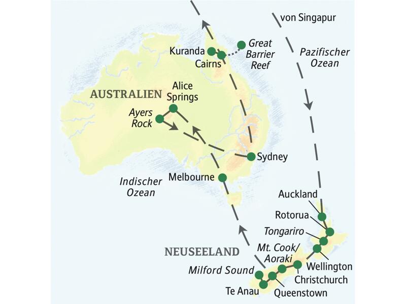 Die Karte zeigt den Verlauf unserer Studienreise Australien-Neuseeland - zum Kennenlernen: Auckland, Rotorua, Tongariro, Wellington, Christchurch, Queenstown, Te Anau, Milford Sound, Melbourne, Alice Springs, Ayers Rock (Uluru), Sydney, Cairns, Kuranda.