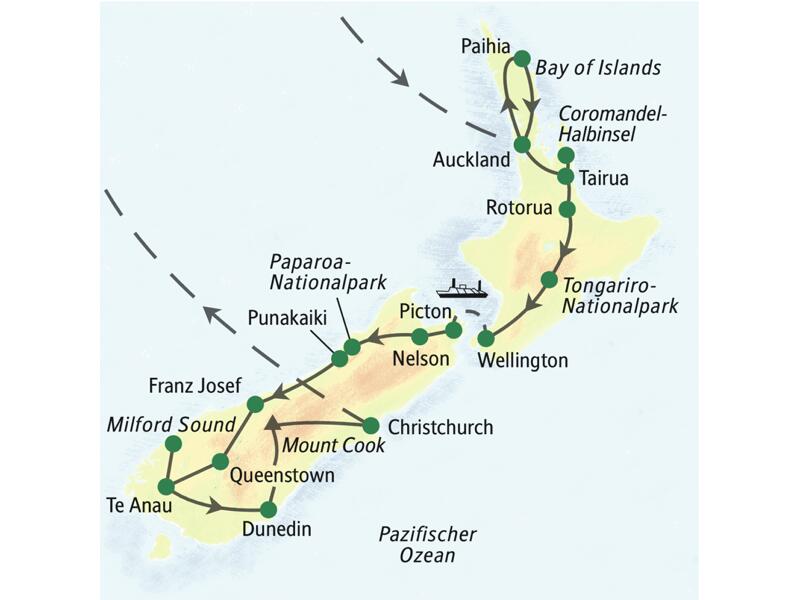 Unsere Reiseroute durch Neuseeland startet in Auckland und führt über Paihia, Rotorua, Wellington und Nelson bis nach Christchurch. Wir erleben auf unserer Studienreise den Tongariro-Nationalpark und die Coromandel-Halbinsel.