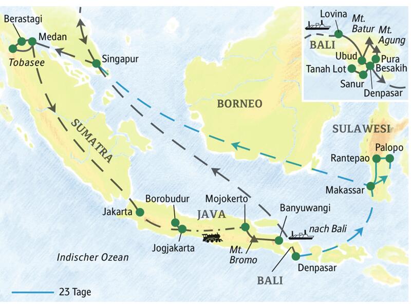 Indonesien umfassend bereisen: die Höhepunkte der Inseln Sumatra, Java und Bali erleben - auf Wunsch mit Verlängerung auf Sulawesi.