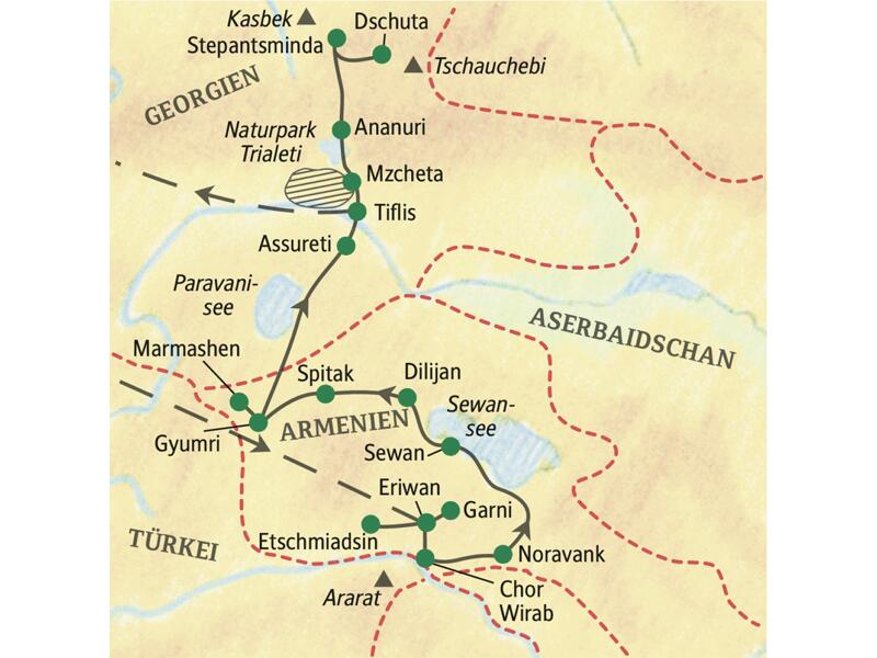 Unsere Reiseroute durch Armenien und Georgien startet in Eriwan und führt über Dilijan und Gyumri bis nach Tiflis. Auch Sewansee und Stepantsminda erleben wir auf unserer 14-tägigen Wander-Studienreise.