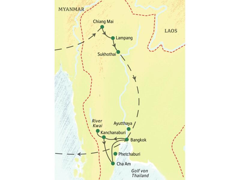 Wichtigste Stationen unserer Studienreise mit Muße nach Thailand: Chiang Mai, Bangkok, River Kwai, Sukhothai, Cha Am