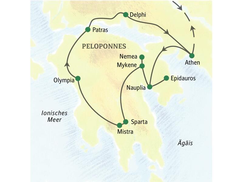 Unsere Reiseroute durch Griechenland startet in Athen und führt über Nauplia, Epidauros, Mykene, Sparta, Mistra, Olympia und Delphi zurück nach Athen.