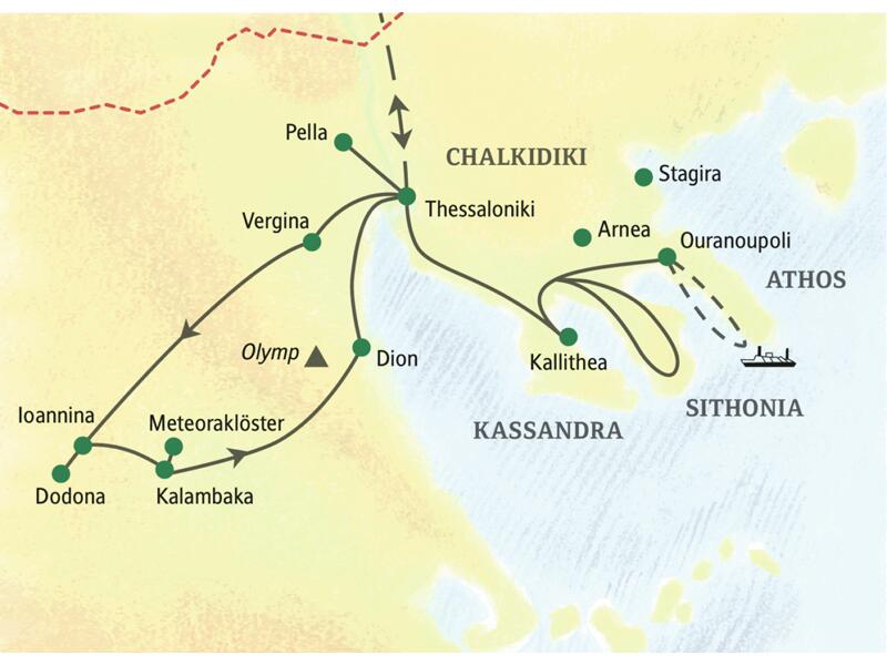 Die Route unserer Studienreise durch Nordgriechenland führt über Thessaloniki, Pella, Vergina, Ioannina, Dodona und Dion zu den Meteoraklöstern sowie auch auf die Chalkidiki-Halbinsel.
