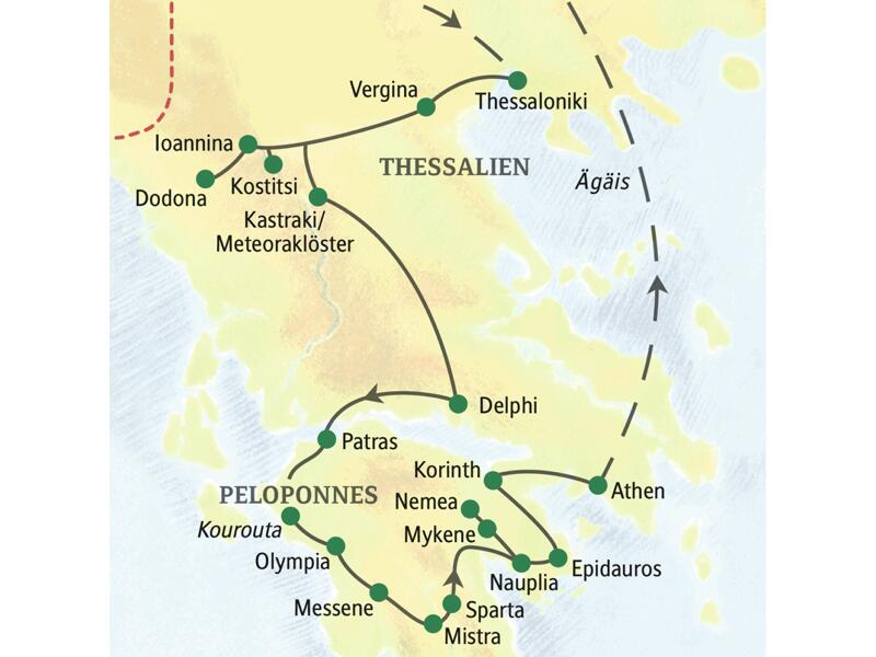 Wichtigste Stationen dieser Rundreise durch Griechenland: Thessaloniki, Vergina, Ioannina, Dodona, Meteoraklöster, Delphi, Olympia, Messene, Mistra, Mykene, Epidauros, Nauplia und Athen