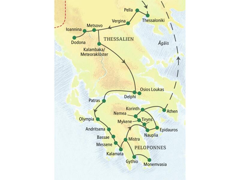 Die Reiseroute unserer klassischen Studienreise führt von Thessaloniki u.a. über Dodona, die Meteoraklöster, Delphi, Olympia, Nauplia bis nach Athen.