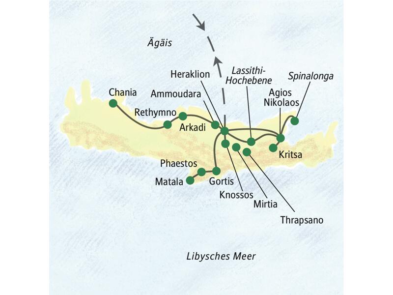 Die Reiseroute der Studienreise Kreta - Höhepunkte führt uns in die verschiedensten Ecken der Insel. Wir sehen Rethymno, Knossos, Matala, Chania und vieles mehr.