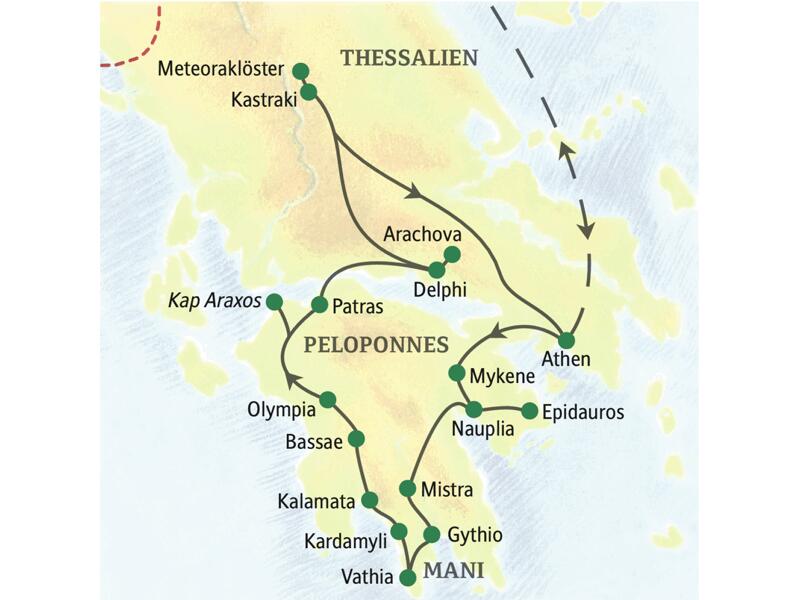Unsere Reiseroute durch Griechenland startet in Athen und führt über Epidauros, Mykene, Mistras, die Mani, Kalamata und Olympia nach Delphi. Auch die Meteoraklöster erleben Sie auf dieser Wanderreise.