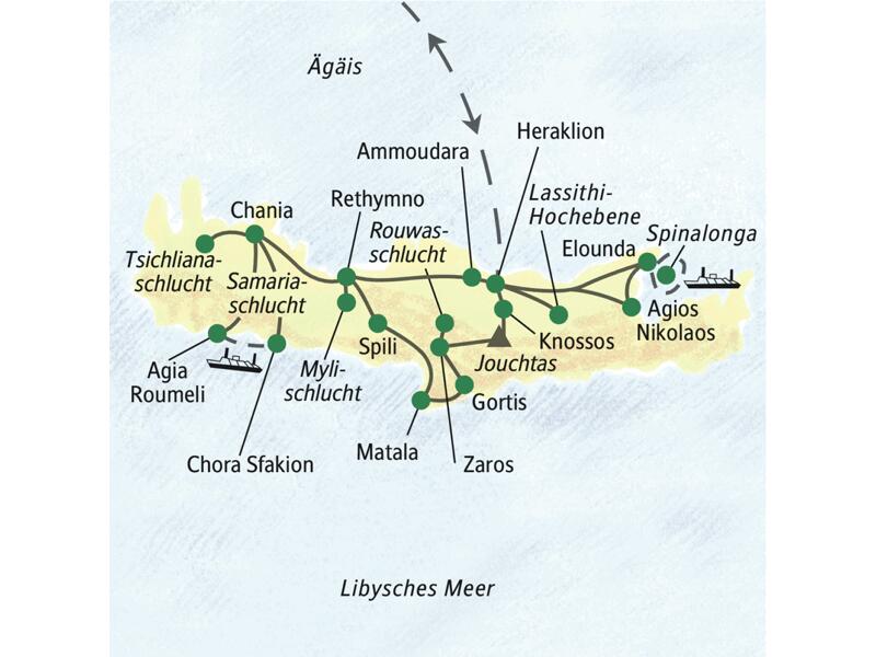 Unsere Wanderreise auf Kreta startet in Heraklion und führt u. a. über Zaros, Chania und Ammoudara zurück nach Heraklion. Highlights der Reise: Knossos, die Samariaschlucht, die Lassithi-Hochebene.