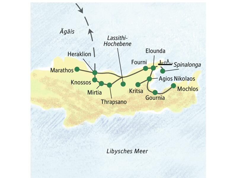 Von unserem erstklassigen Hotel in Elounda auf Kreta aus lernen wir bei dieser Rundreise Heraklion, Agios Nikolaos, Knossos und Gournia mit Muße kennen.