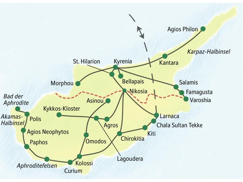 Unsere ausführliche Rundreise über Zypen führt uns sowohl in den nördlichen als auch den südlichen Teil der Insel.