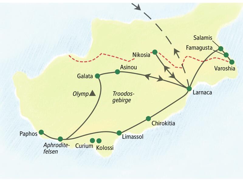 Die Reiseroute über die Insel Zypern startet in Larnaca und führt u.a. über Salamis, Nikosia, Galata, Paphos, Limassol und Chirokitia wieder zurück nach Larnaca.