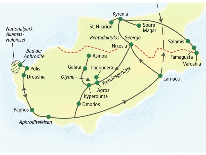 Diese 10-tägige Wanderreise nach Zypern führt in den Süden an Aphrodites Küste und zu beeindruckenden Gebirgen. Im Norden dann wildromantische Natur, orientalische Gastfreundschaft und Burgruinen mit Weitblick
