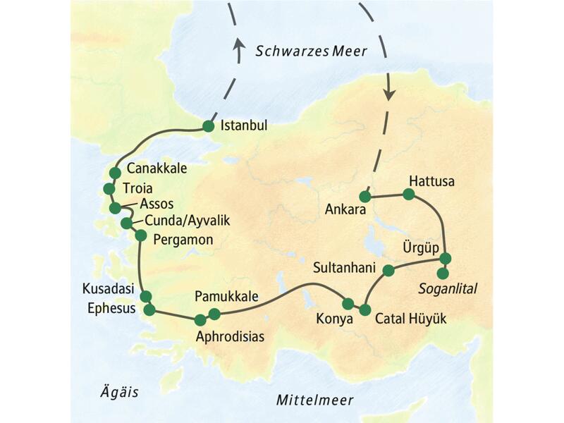 Unsere Reiseroute durch die Türkei startet in Ankara und führt u. a. über Hattusa, Soganlital, Konya, Pamukkale, Ephesus, Kusadasi, Pergamon, Troia und Canakkale nach Istanbul.