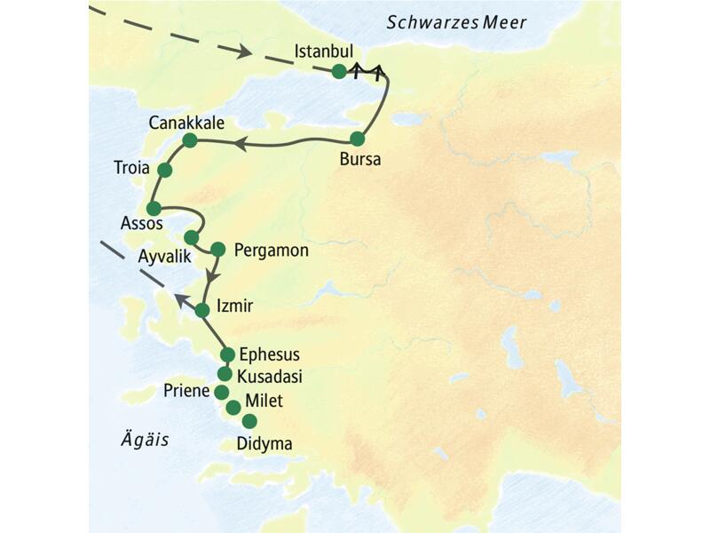 Die Landkarte zeigt die Reiseroute durch die Westtürkei: von Istanbul über Bursa an der Ägäisküste entlang nach Troia, Pergamon und Ephesus.