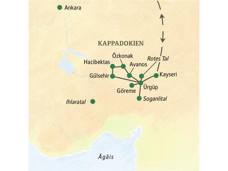 Die Karte zeigt die Höhepunkte Kappadokiens, die wir während unserer achttägigen Studienreise ins Märchenland der Feenkamine von unserem zentral gelegenen Hotel in Ürgüp aus besuchen: u. a. Hacibektas, Özkonak, Gülsehir, Göreme, Avanos.