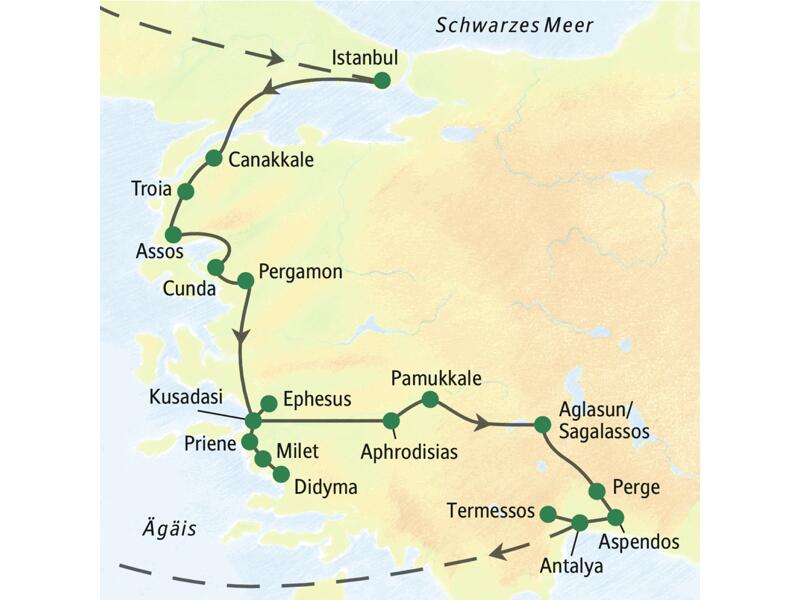 Die Karte zeigt die Route der Klassik-Reise durch die Westtürkei - von Istanbul entlang der Ägäisküste über Pamukkale nach Antalya.