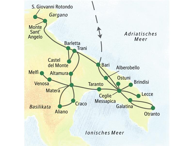 Auf der Karte der klassischen Studiosus-Reise Apulien – Basilikata ausführlich erleben ist der Reiseverlauf zu erkennen. Die wichtigsten Orte dieser Gruppenreise sind: Bari, Ostuni, Lecce, Otranto, Taranto, Matera, Melfi, Trani und Monte Sant'Angelo