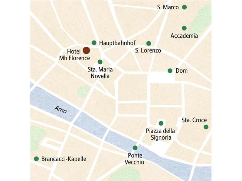 Der Stadtplan von Florenz zeigt neben der zentralen Lage unseres Hotels Mh Florence die wichtigsten Sehenswürdigkeiten, die auf dieser Klassik-Studienreise besucht werden: Sta. Maria Novella, Ponte Vecchio, Sta. Croce, Accademia, Brancaccikapelle u. a. m.