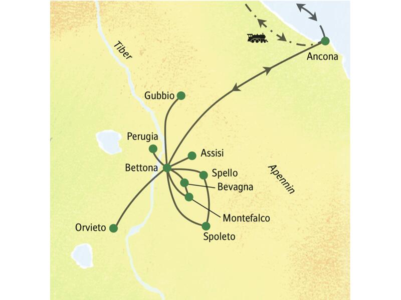 Achttägige Studienreise nach Umbrien mit Übernachtungen in Bettona und Besuchen von Assisi, Perugia, Spoleto, Gubbio, Montefalco, Orvieto und weiteren kleineren Orten.