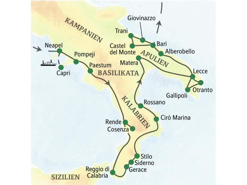Unsere Reise nach Süditalien bringt uns nach Kampanien, Kalabrien, die Basilikata und Apulien. Wir besuchen u.a. Neapel, Matera, Lecce und Giovinazzo, Paestum, Ciro Marina, Bari und Otranto.