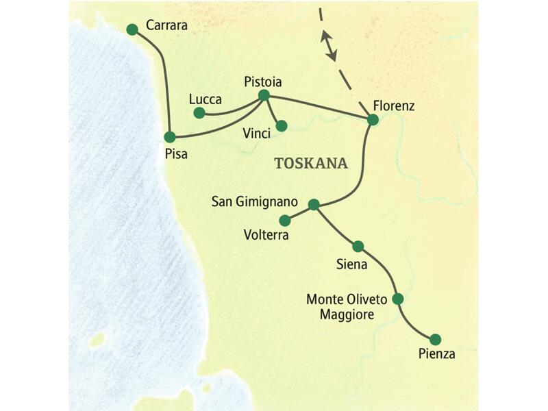Auf unserer Klassik-Reise Toskana besuchen wir von den beiden Standorten Pistoia und San Gimignano aus alle Höhepunkte und Kulturschätze der Region wie Florenz, Siena, Lucca, Pisa, Volterra und Pienza.