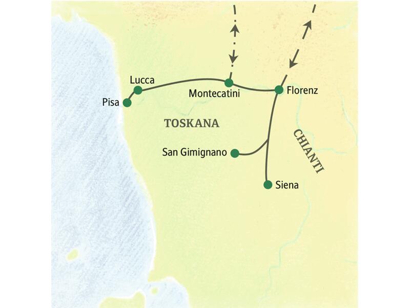 Diese achttägige Studienreise in die Toskana mit sieben Nächten in Montecatini Terme zeigt Ihnen die Höhepunkte der Region: Florenz, Siena, Lucca, Pisa, San Gimignano und das Chianti.