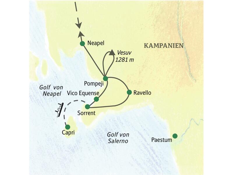 Die Stationen der Studienreise zum Golf von Neapel: Neapel, Pompeji, Vico Equense, Sorrent, Ravello, Paestum und Capri.