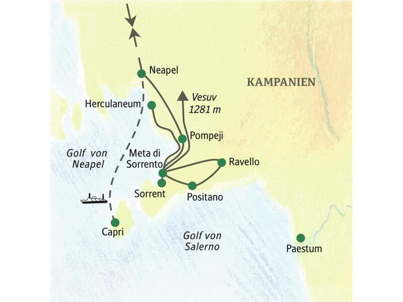 Neuntägige Studienreise mit drei Übernachtungen in Neapel und fünf in Meta di Sorrento direkt an der Steilküste. Besucht werden Herculaneum und Pompeji, der Vesuv, Capri, Positano, Amalfi und Ravello, auf Wunsch auch Paestum.