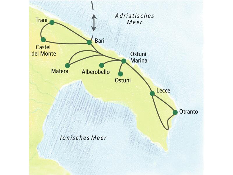 Stationen der Reise nach Apulien sind Bari, Ostuni, Lecce, Otranto, Alberobello, Matera, Trani sowie das Castel del Monte.