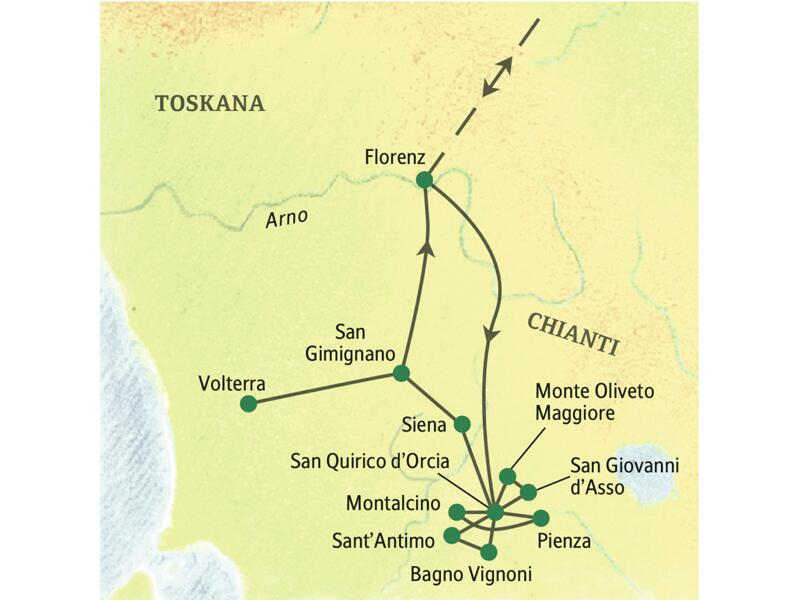 Auf unserer neuntägigen Wander-Studienreise durch die Toskana wandern Sie von den beiden Standorten San Quirico und San Gimignano aus zwischen Pinien und Zypressen. Wie sehen aber auch Florenz, Siena, Pienza, San Gimignano und mehr.