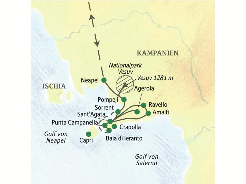 Die Reiseroute unserer Wander-Studienreise hat ihren Ausgangspunkt Sant'Agata oberhalb von Sorrent.Eine Reise ohne Hotelwechsel! Wir wandern unter anderem an der Punta Campanella und auf dem Sentiero degli Dei.