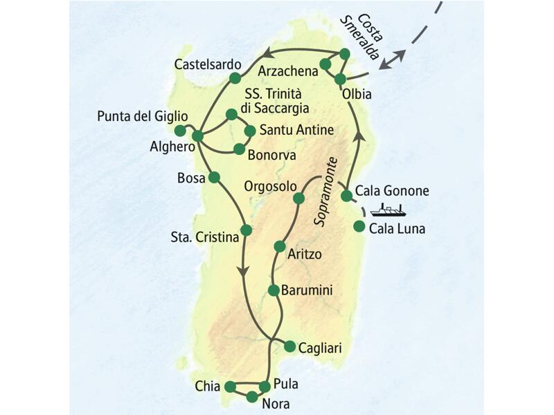 Die wichtigsten Stationen unserer Wander-Studienreise nach Sardinien: Arzachena, Castelsardo, Alghero, Cagliari, Pula und Cala Gonone.