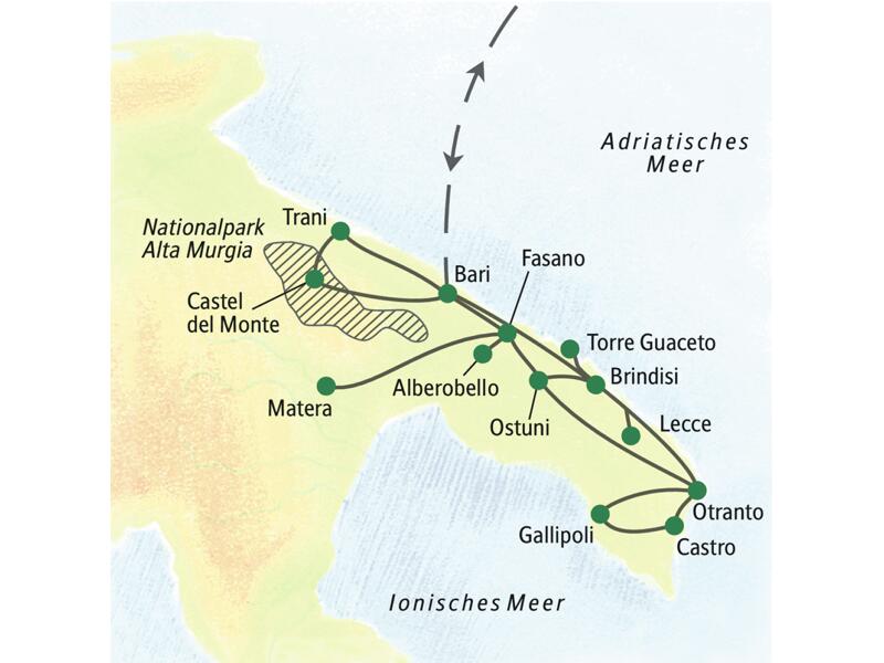 Reisekarte der Wanderreise Apulien – aktiv erleben mit allen wichtigen Orten der Reise, wie z.B. Fasano, Alberobello, Castel del Monte, Trani, Bari, Lecce, Otranto und Gallipoli.