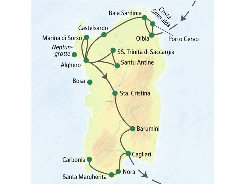 Stationen der Reise Sardinien - mit Muße sind unter anderem Olbia, Castelsardo, Alghero, Cagliari und Santa Margherita.