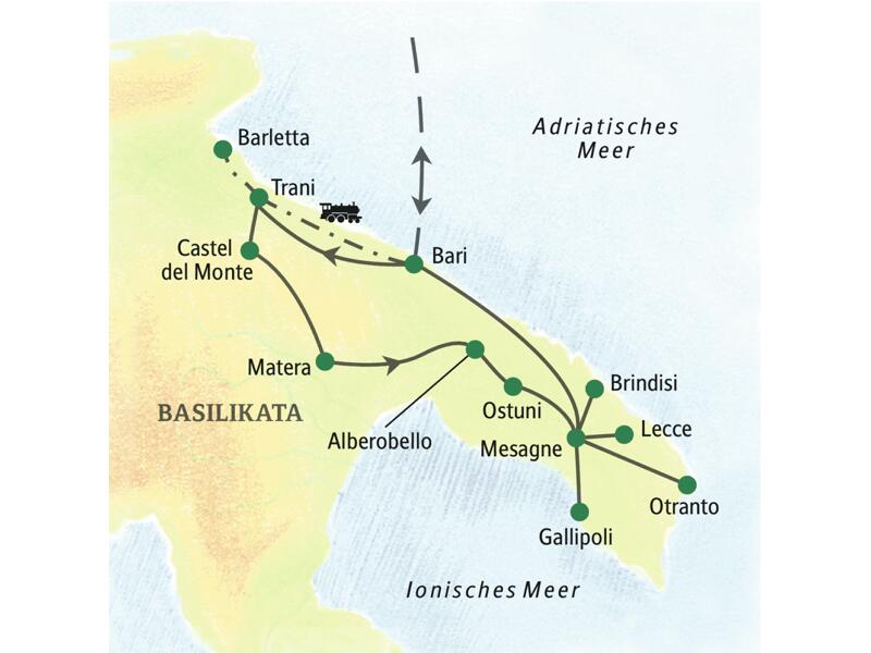 Reisekarte der Studienreise Apulien - umfassend erleben mit den wichtigsten Stationen, wie zum Beispiel Bari, Castel del Monte, Matera, Ostuni, Brindisi, Gallipoli, Lecce und Otranto.