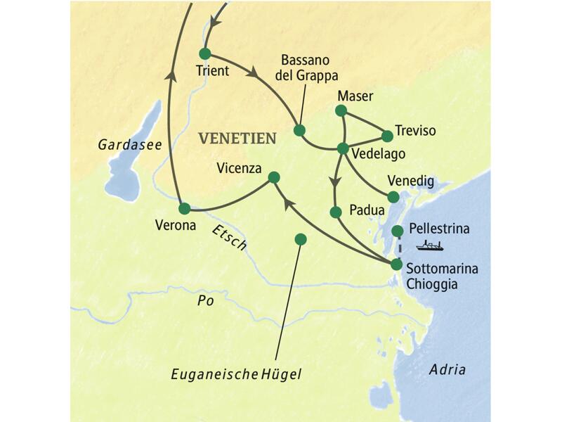 Auf unserer Rundreise durch Venetien machen wir Station in Vedelago, Sottomarina und Verona. Erleben Sie eine Bootsfahrt durch die Lagune und die Städte Venedig, Padua und Vicenza.