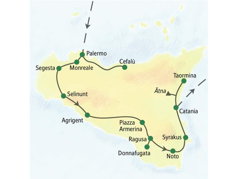 Die wichtigsten Stationen unserer klassischen Studienreise nach Sizilien: Palermo, Selinunt, Agrigent, Noto, Syrakus, Catania, Taormina.